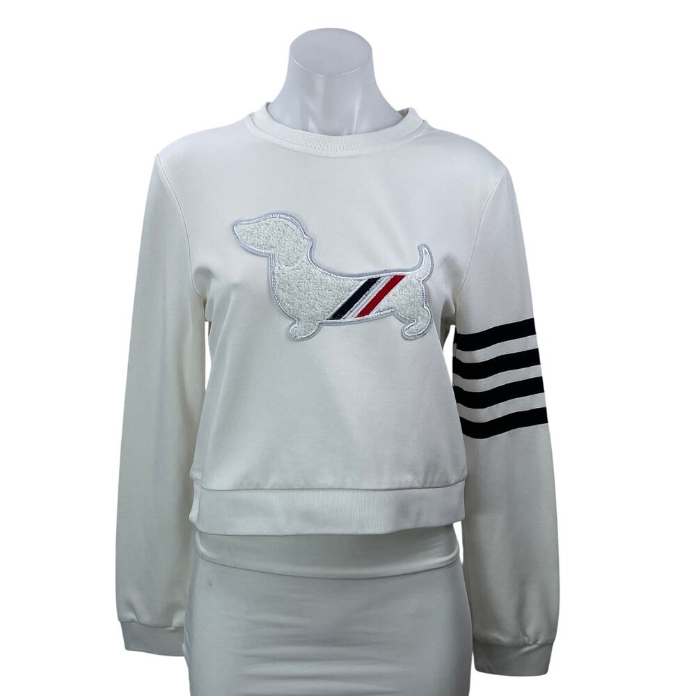 Thom Browne 100% Wool White Hector Embroidered Long Sleeves Sweatshirt Top Sz L